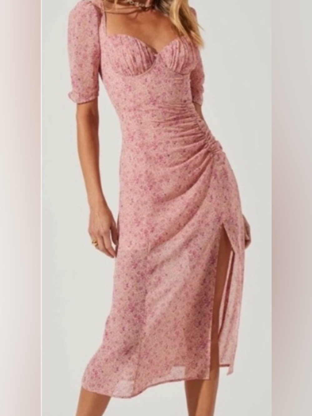 Astr Pink Floral Ruched High-Low Midi Dress